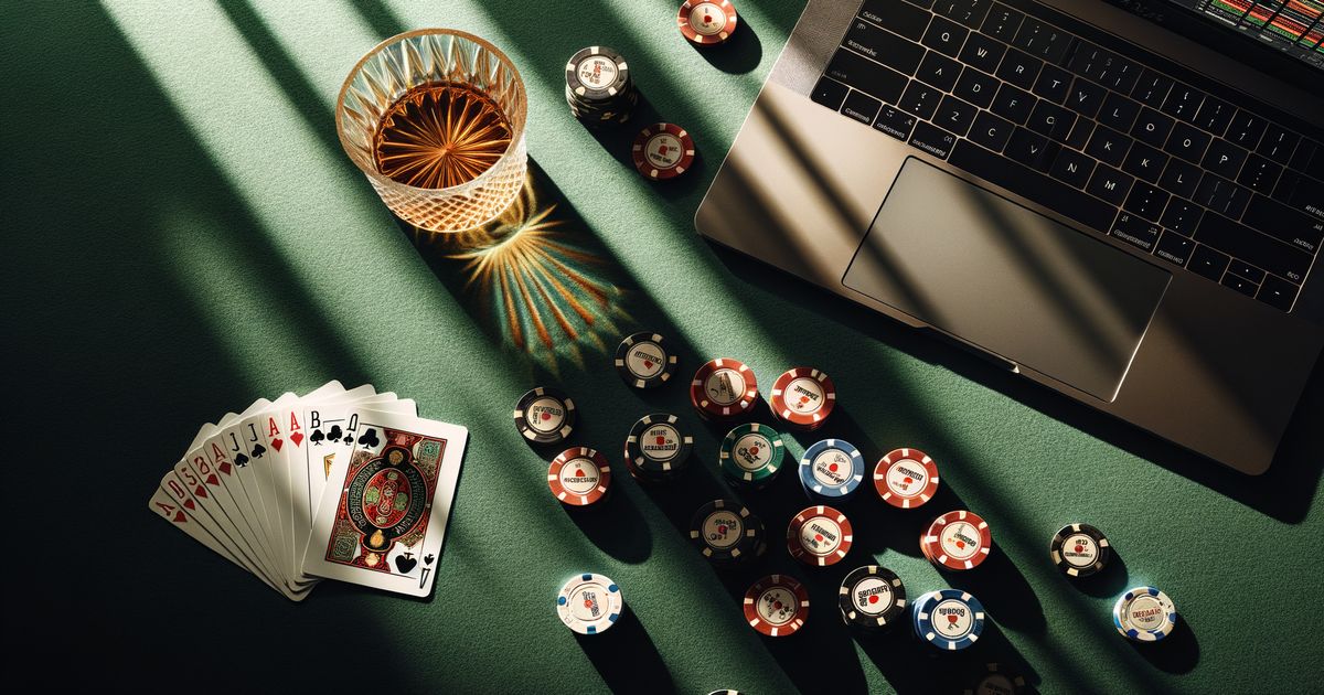 Online casino chips and cards on a dark table